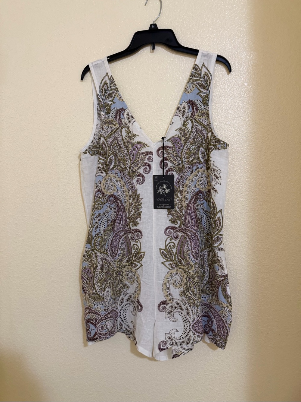Rachel Zoe White Paisley V-Neck Romper with Olive & Lavender Accents